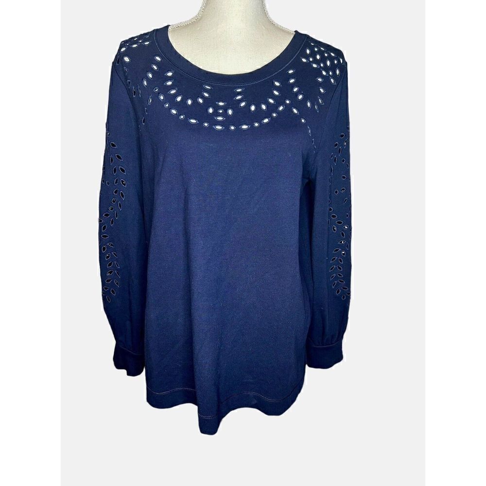 Chico's Zenergy Navy Blue French Terry Cutwork Top Size Medium